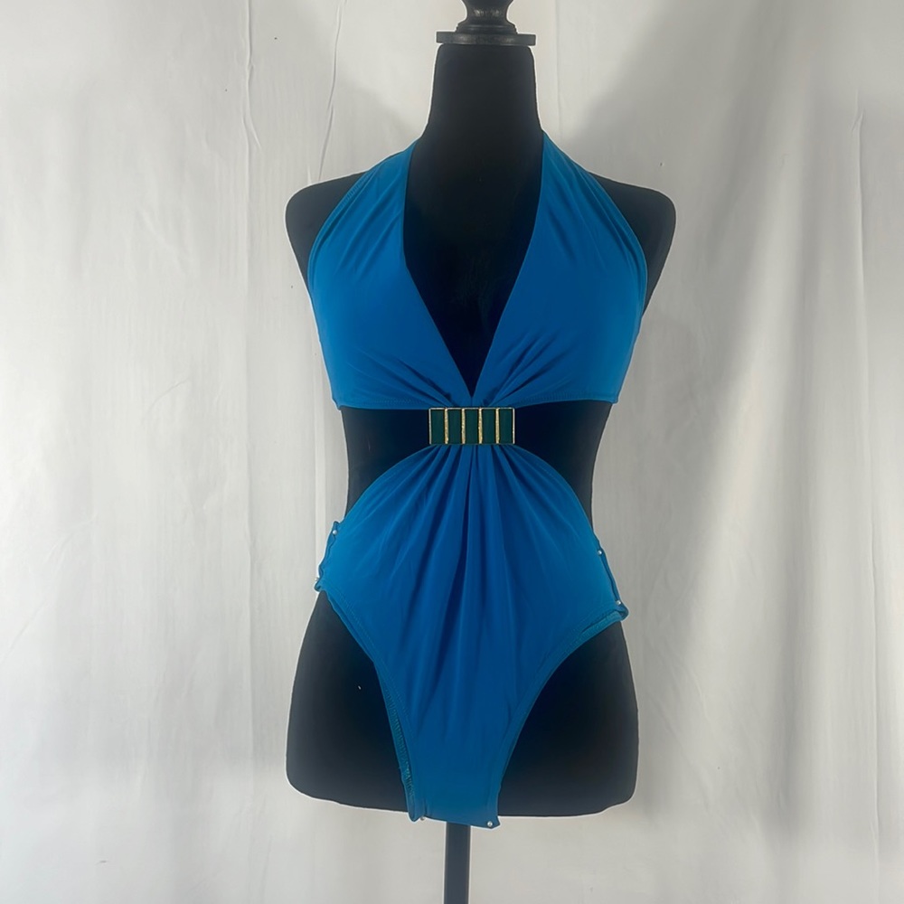 Blue Monokini, embellished design front,halter top with tie, size small